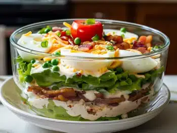 Colorful Layered Potluck Salad with eggs, bacon, peas, cheddar, and tomatoes in a clear glass bowl, ready for serving.