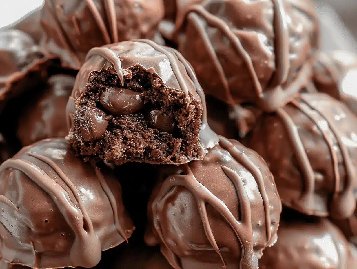 Chocolate-covered no-bake brownie batter protein bites with creamy chocolate centers and a glossy drizzle, stacked on a plate.