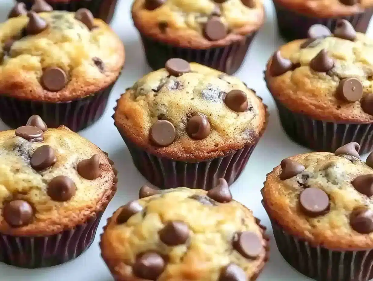 Close-up of moist banana chocolate chip muffins with golden tops and melted chocolate chips.