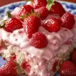 Close-up of a slice of strawberry honeybun cake with creamy pink strawberry icing and fresh strawberries topping