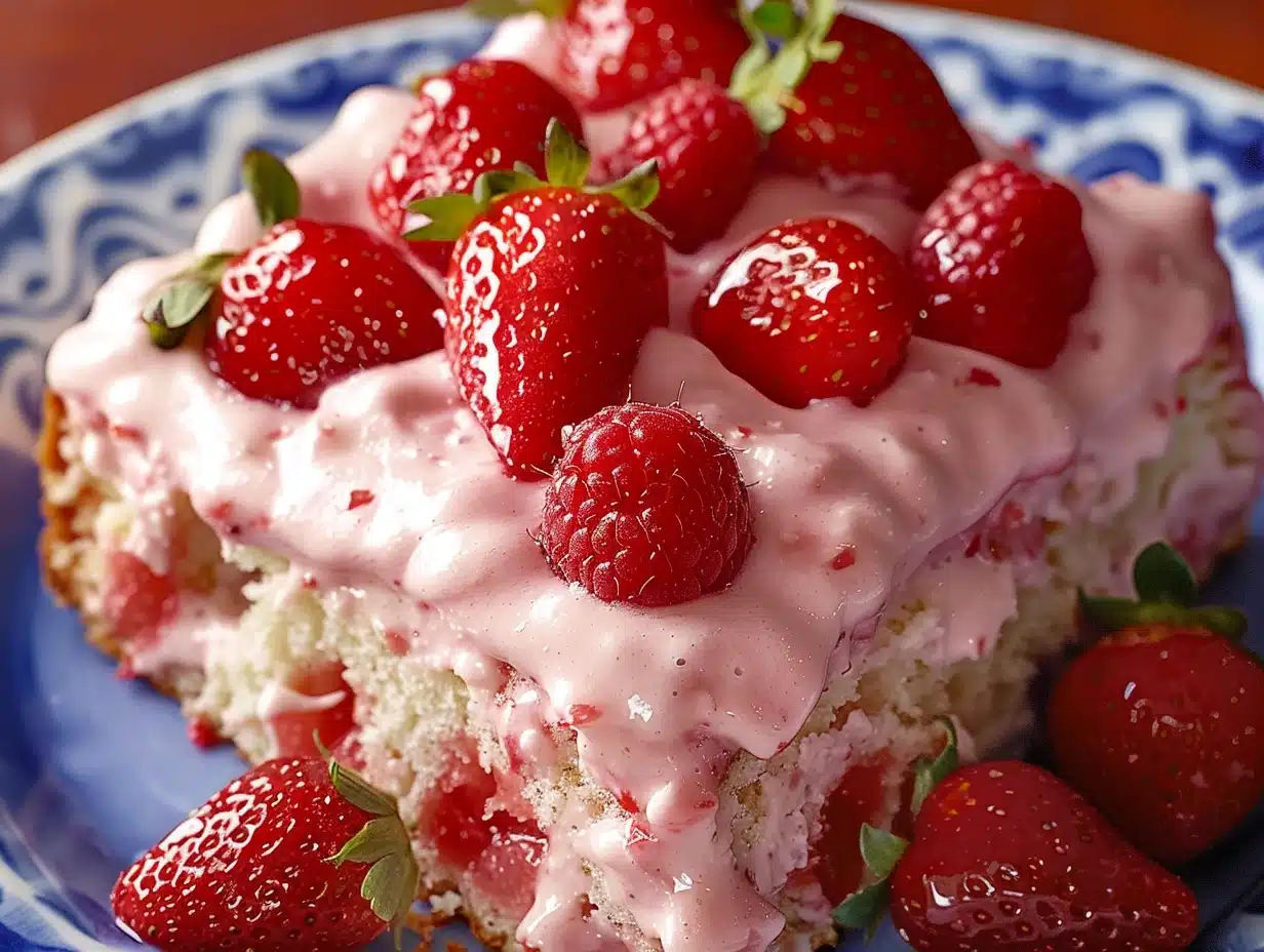 Close-up of a slice of strawberry honeybun cake with creamy pink strawberry icing and fresh strawberries topping