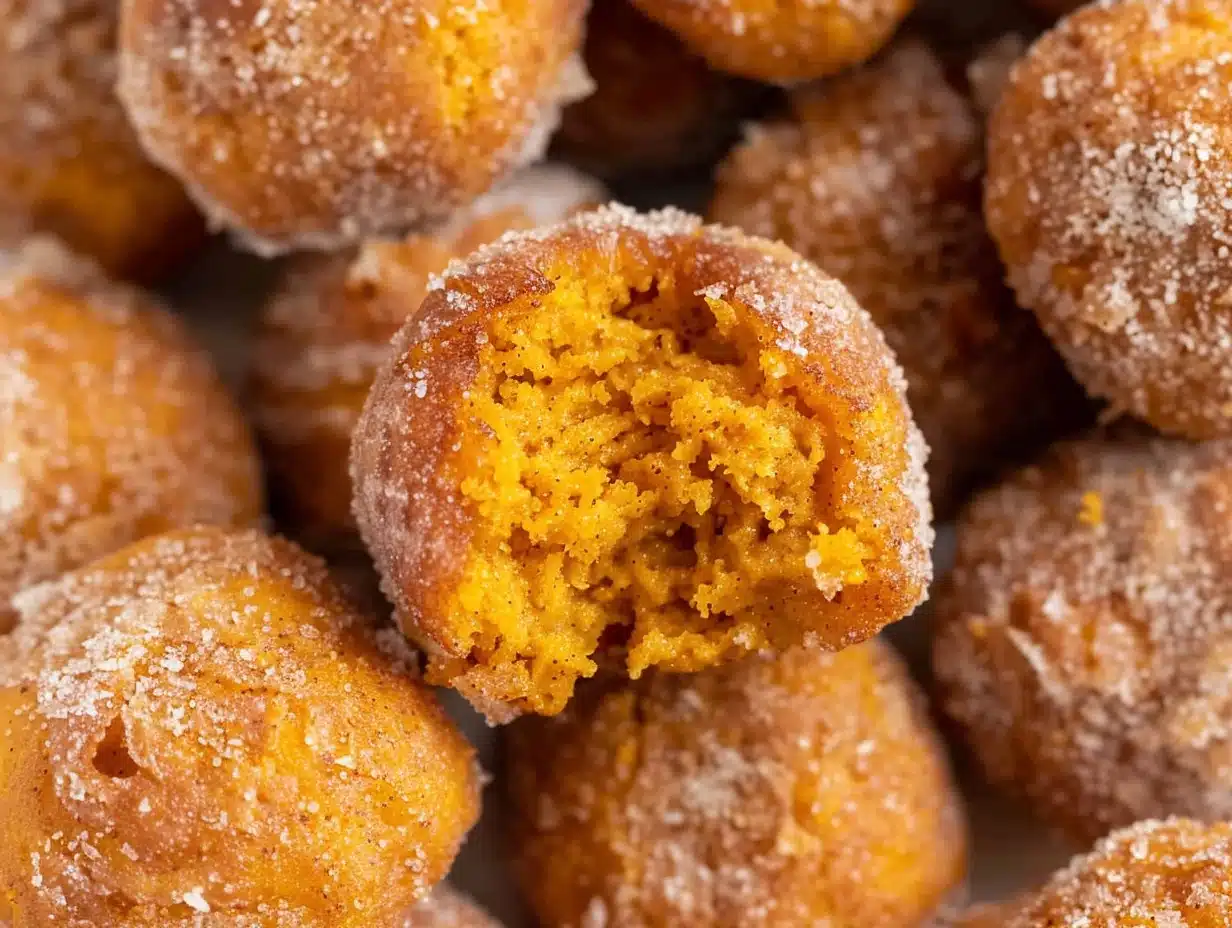 Golden, sugar-dusted pumpkin donut holes showing a soft orange interior on a festive plate.