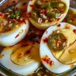 A close-up of halved Hot and Spicy Garlic Pickled Eggs with jalapeño slices, red pepper flakes, and vibrant brine in a glass jar, showcasing their colorful and appetizing appearance.
