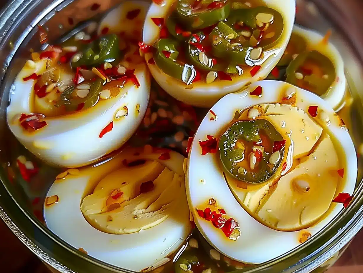 A close-up of halved Hot and Spicy Garlic Pickled Eggs with jalapeño slices, red pepper flakes, and vibrant brine in a glass jar, showcasing their colorful and appetizing appearance.