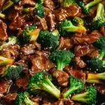 Stir-fried beef and broccoli in glossy sauce with sesame seeds and bright color, in a skillet, ready to serve.