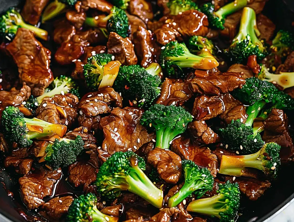 Stir-fried beef and broccoli in glossy sauce with sesame seeds and bright color, in a skillet, ready to serve.