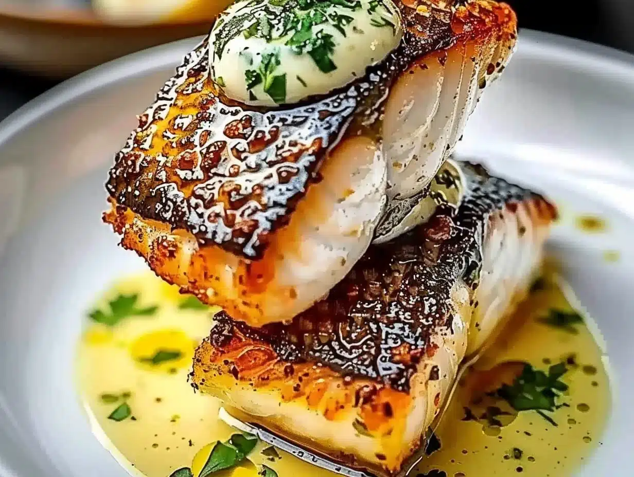 Close-up of lemon garlic butter cod with crispy golden skin garnished with parsley on a white plate