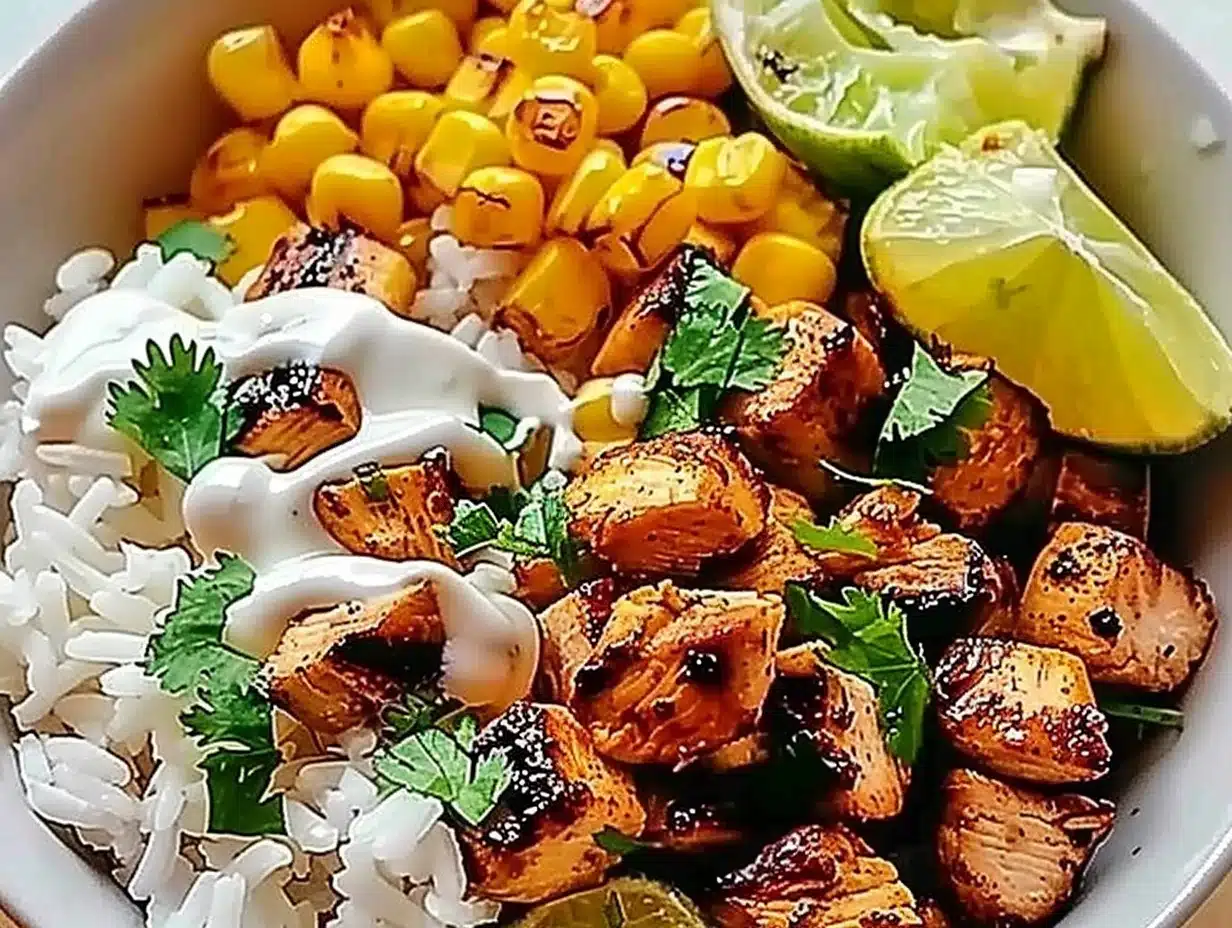 Close-up of a vibrant street corn chicken rice bowl with grilled chicken, corn, avocado slices, cilantro, and lime wedges