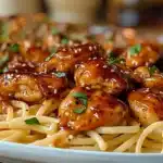 Close-up of zesty Spicy Cajun Honey Butter Chicken Pasta with glazed chicken, creamy sauce, and fresh parsley on fettuccine.