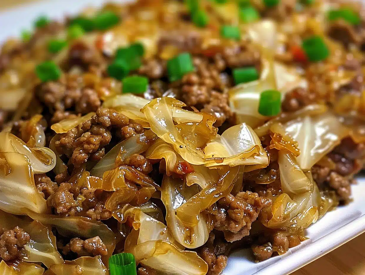Hearty low-carb Mongolian ground beef and cabbage dish garnished with green onions and sesame seeds, presented on a white plate.