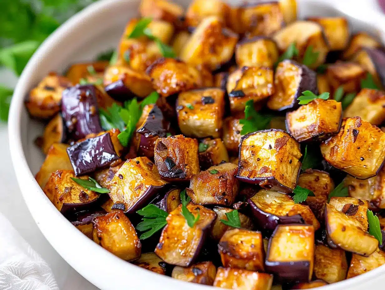 Crispy, golden-brown air fryer eggplant cubes garnished with fresh herbs in a white bowl