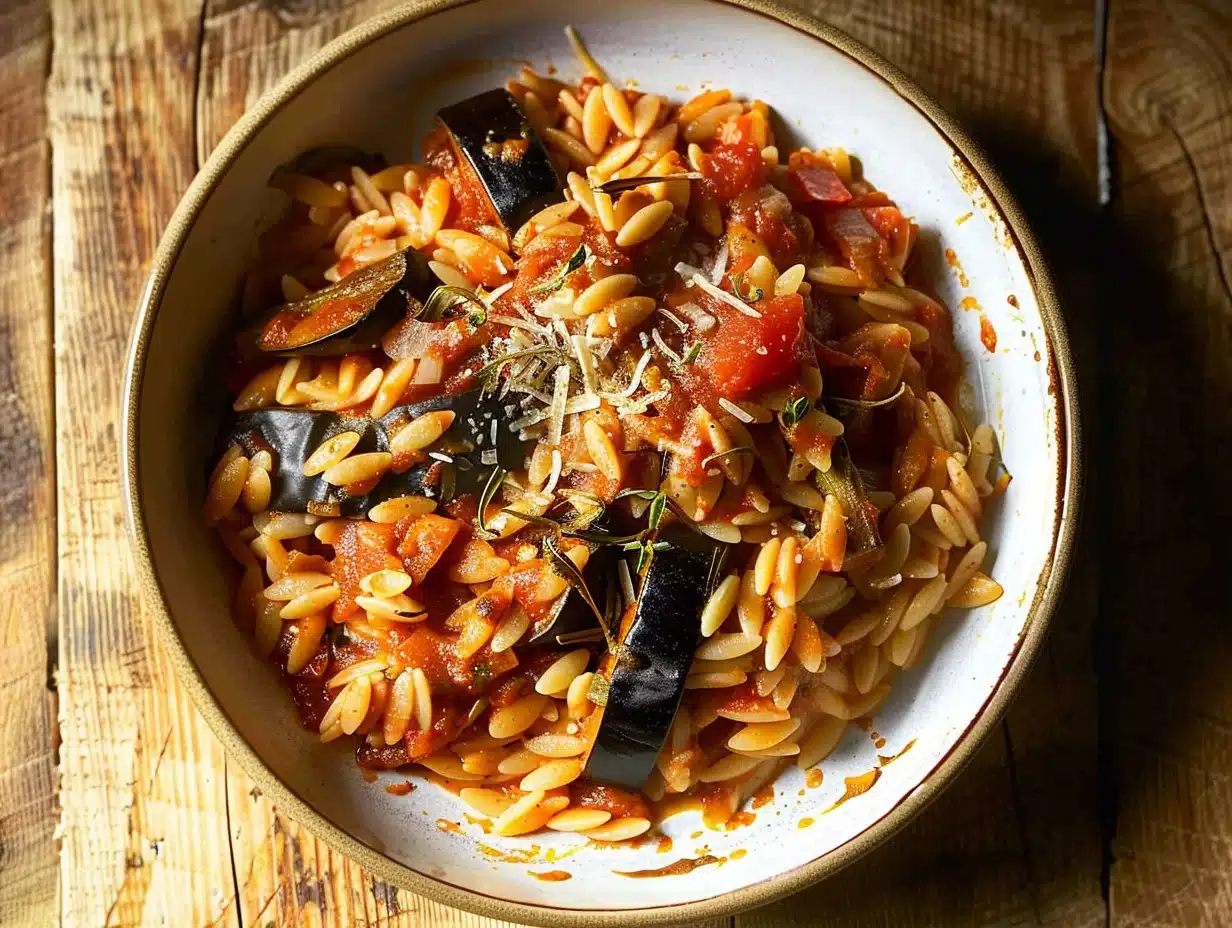 Close-up photo of one pot eggplant parmesan orzo with tomato sauce, Parmesan, and herbs in a rustic bowl on wooden table