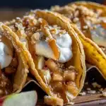 Close-up of crispy apple pie tacos topped with whipped cream and caramel drizzle on a wooden board