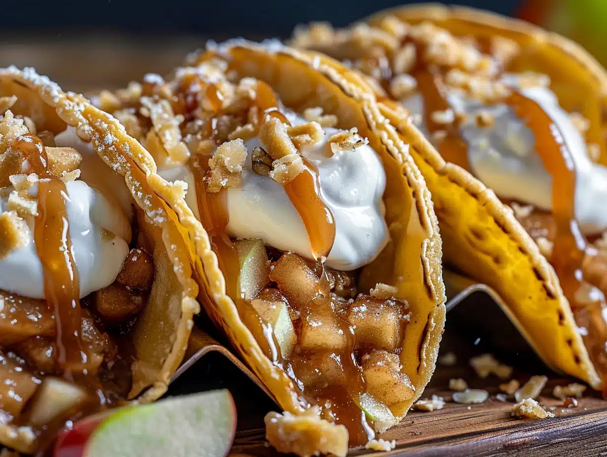 Close-up of crispy apple pie tacos topped with whipped cream and caramel drizzle on a wooden board