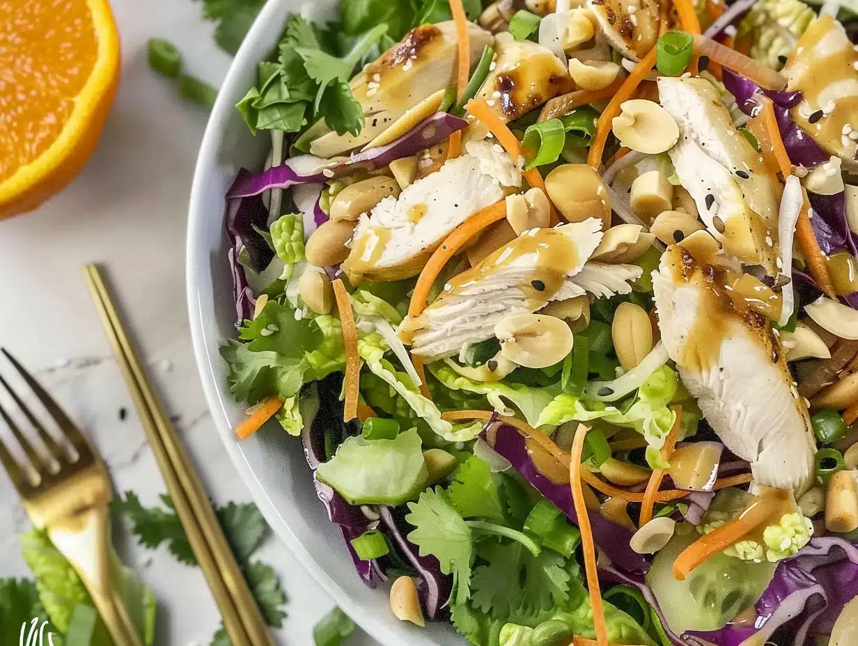 Close-up of Easy Healthy Asian Chicken Salad with ginger dressing featuring chicken, greens, nuts, and mandarin oranges.