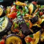 Close-up of vibrant eggplant and zucchini sauté garnished with fresh herbs in a skillet