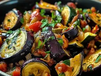Close-up of vibrant eggplant and zucchini sauté garnished with fresh herbs in a skillet