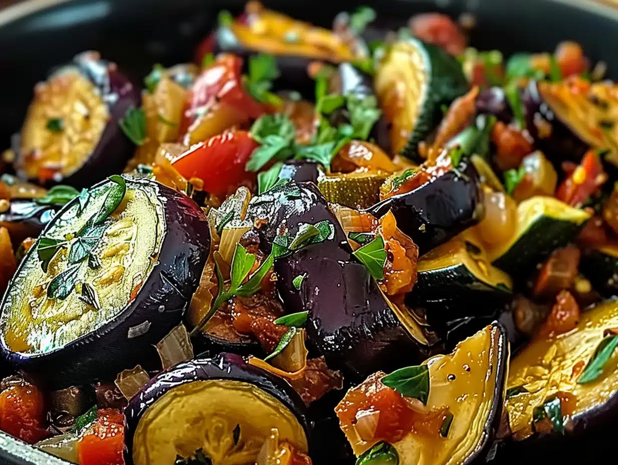 Close-up of vibrant eggplant and zucchini sauté garnished with fresh herbs in a skillet
