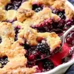 Golden homemade blackberry cobbler in a white dish with juicy berries and a crispy topping