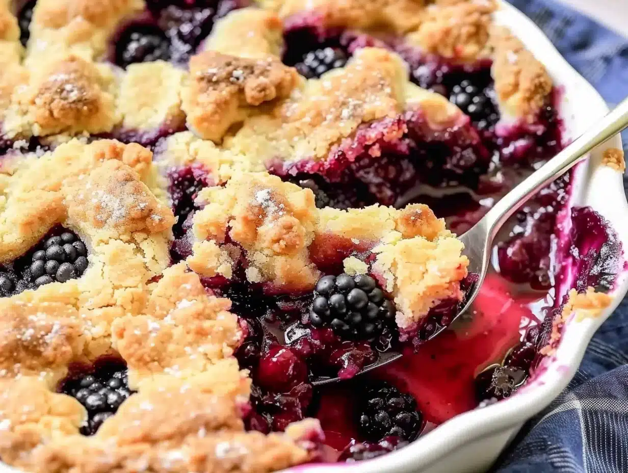 Golden homemade blackberry cobbler in a white dish with juicy berries and a crispy topping