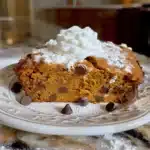Slice of moist homemade pumpkin bread with chocolate chips, powdered sugar, and whipped cream topping on a decorative plate.
