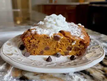 Slice of moist homemade pumpkin bread with chocolate chips, powdered sugar, and whipped cream topping on a decorative plate.