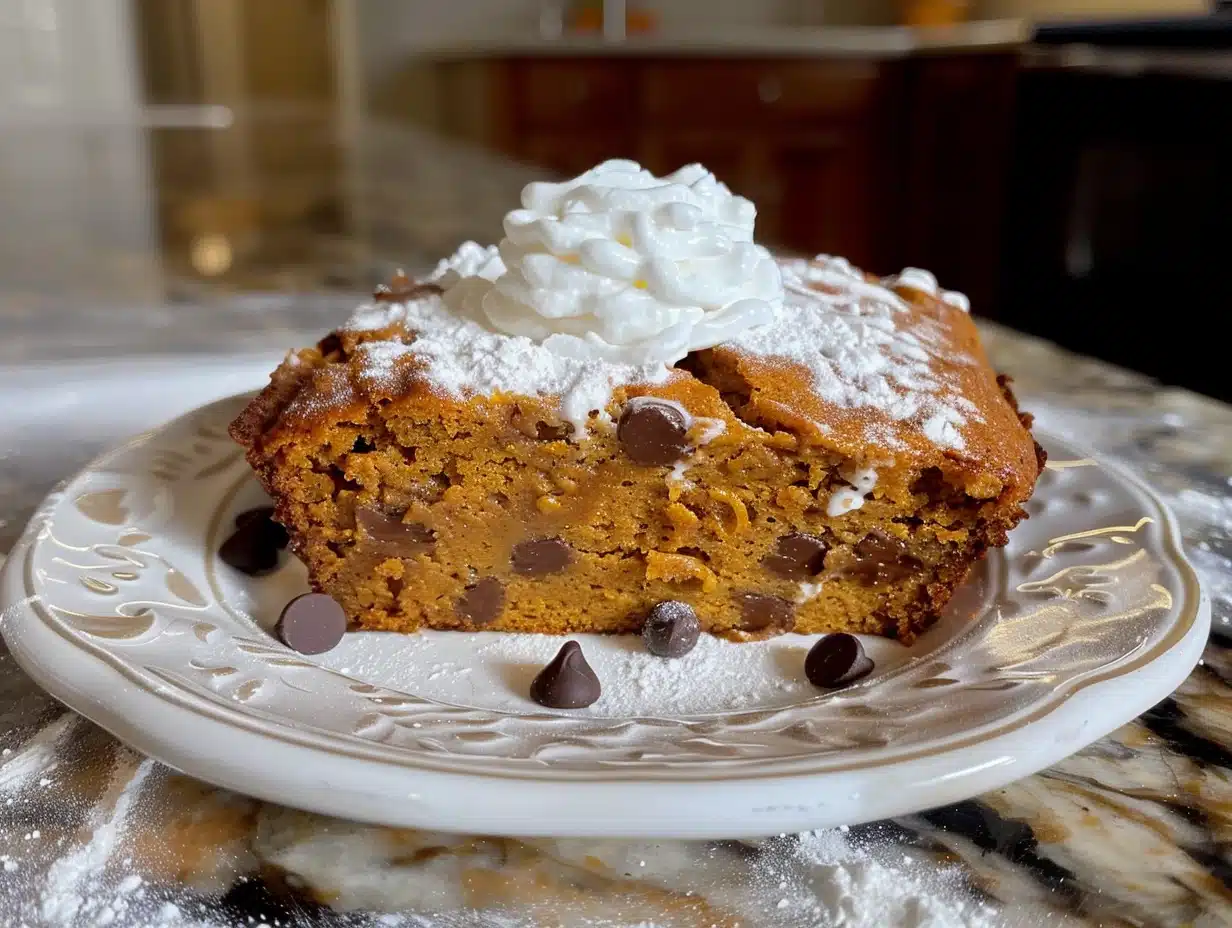 Slice of moist homemade pumpkin bread with chocolate chips, powdered sugar, and whipped cream topping on a decorative plate.