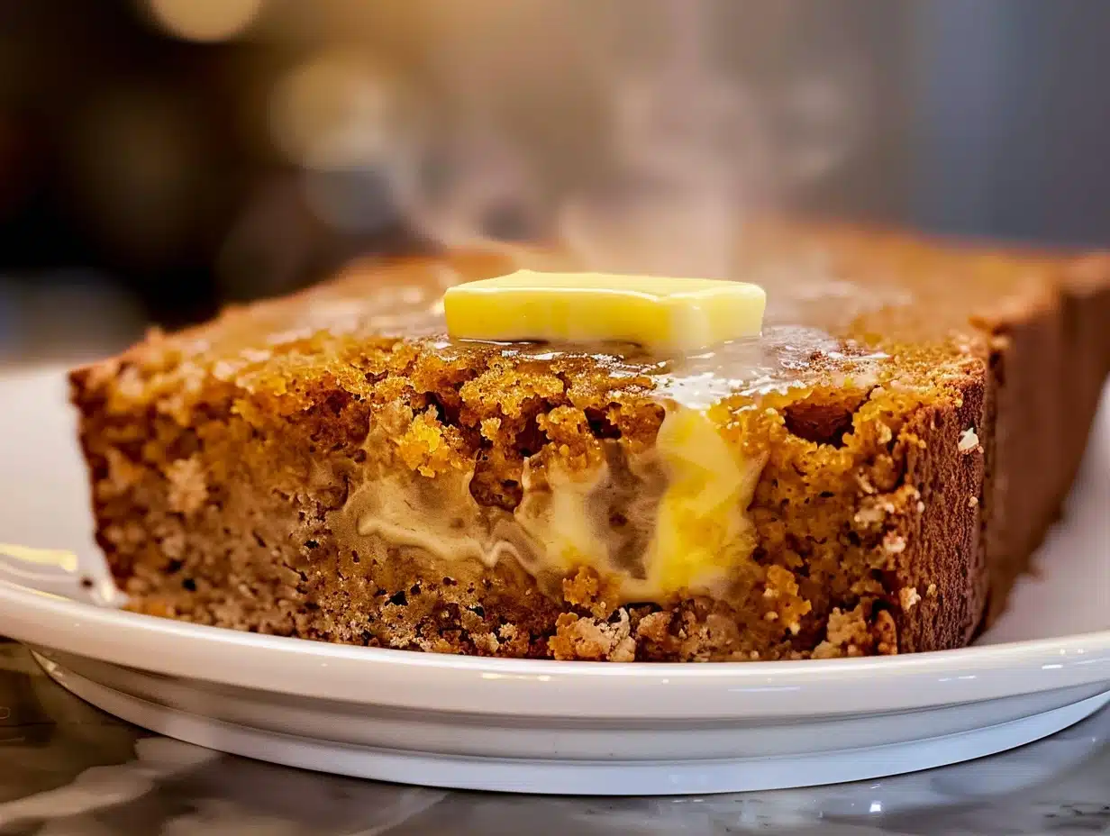 Close-up of a warm, moist pumpkin bread slice with melting butter on top on a white plate