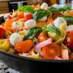 Close-up of vibrant tortellini pasta salad with fresh basil, cherry tomatoes, and mozzarella balls in a black bowl