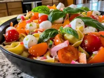 Close-up of vibrant tortellini pasta salad with fresh basil, cherry tomatoes, and mozzarella balls in a black bowl