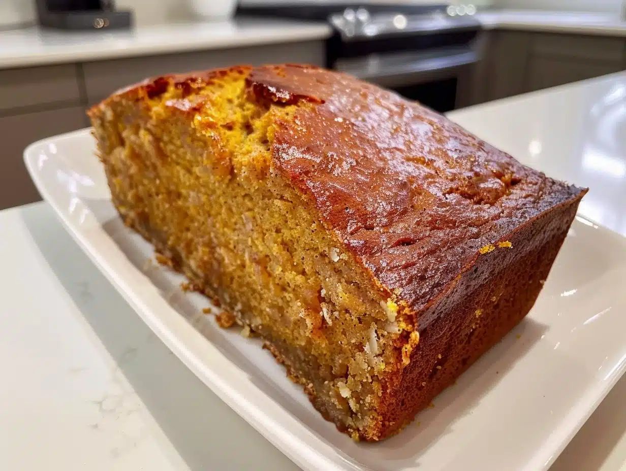 Close-up of moist, golden brown homemade DIY pumpkin bread loaf on white serving plate in modern kitchen