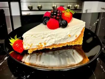 A slice of creamy no-bake vanilla cheesecake on a black plate garnished with fresh strawberries, blackberries, and raspberries.
