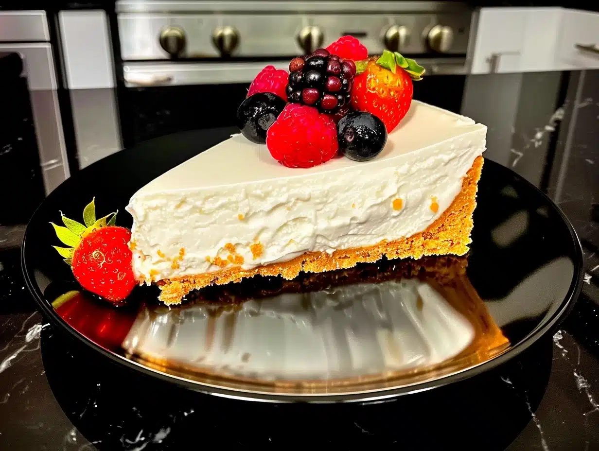A slice of creamy no-bake vanilla cheesecake on a black plate garnished with fresh strawberries, blackberries, and raspberries.