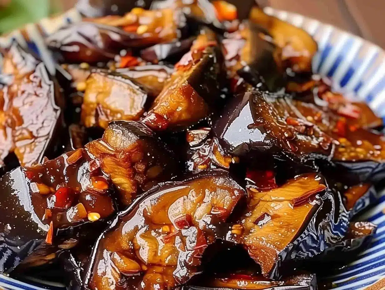 Close-up of sticky garlic eggplant glazed with savory sauce and sprinkled with toasted sesame seeds