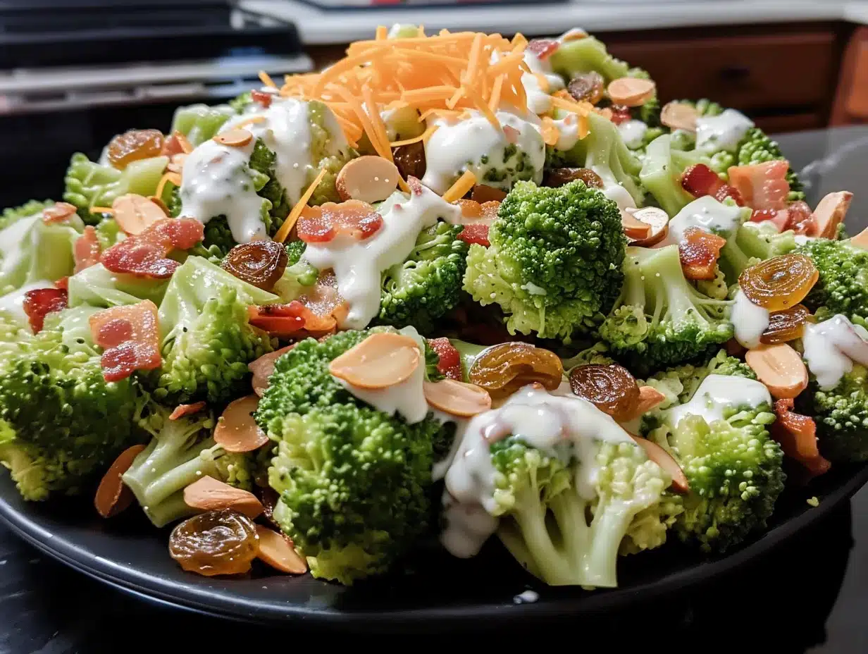 Closeup of vibrant Easy Broccoli Salad piled high on a black plate, topped with golden raisins, crisp bacon, toasted almonds, shredded cheddar, and creamy dressing.