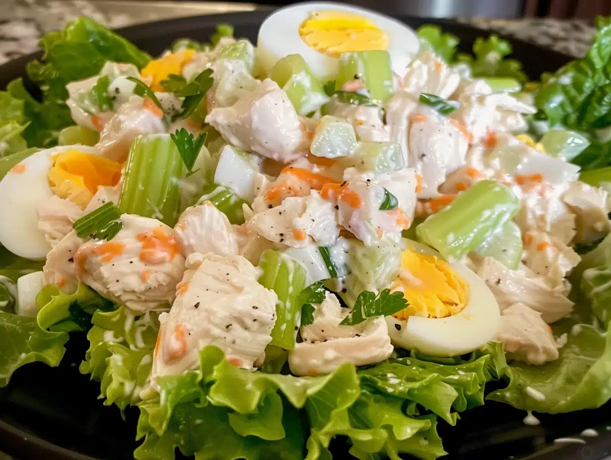 Colorful Classic Chicken Salad with tender chicken, crisp celery, eggs, parsley, and creamy dressing on fresh lettuce.