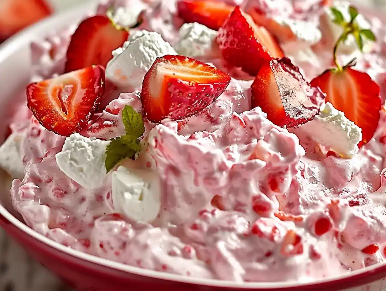 Close-up of creamy, fluffy strawberry fluff salad dessert with fresh strawberry slices and marshmallows in bowl