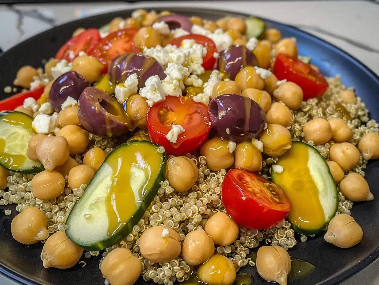 Close-up of colorful Mediterranean quinoa bean salad with chickpeas, tomatoes, cucumbers, olives, and feta on a black plate