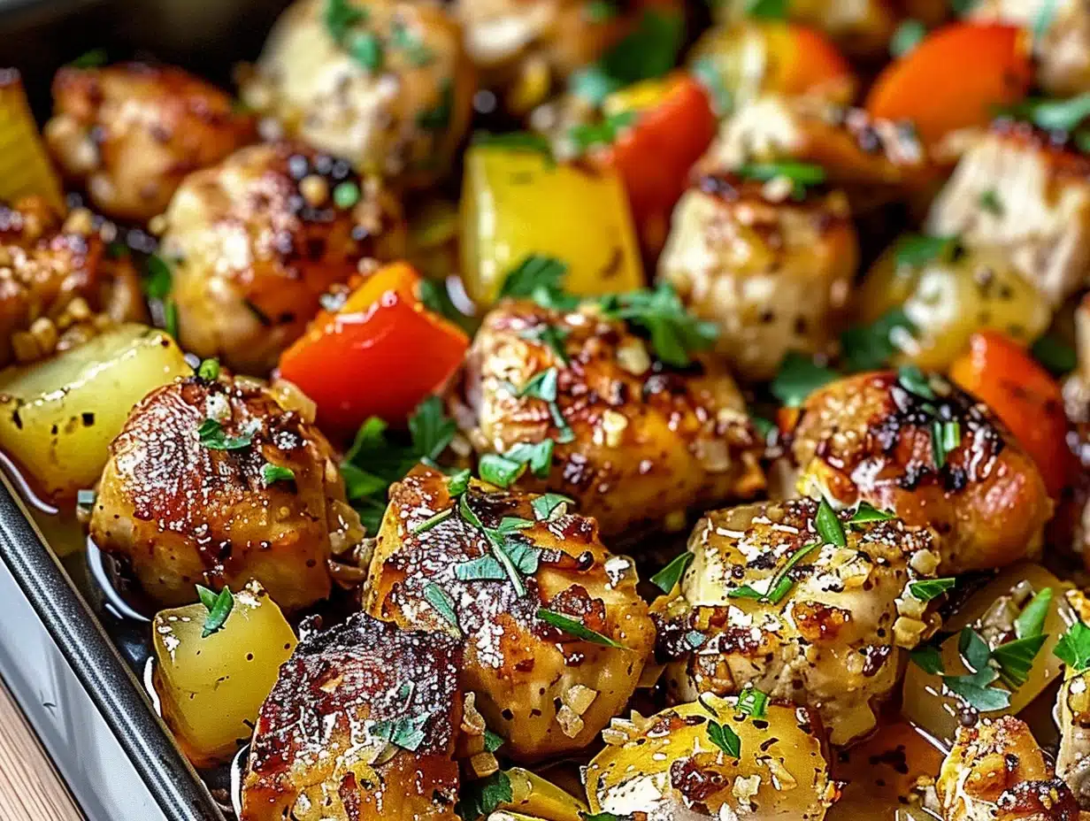 Golden-brown chicken, vibrant bell peppers, pineapple, and fresh cilantro roasted together on a sheet pan for a colorful, Hawaiian-inspired meal.