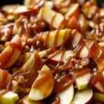 Delicious caramel apple nachos topped with caramel drizzle, chocolate chips, nuts, and cinnamon