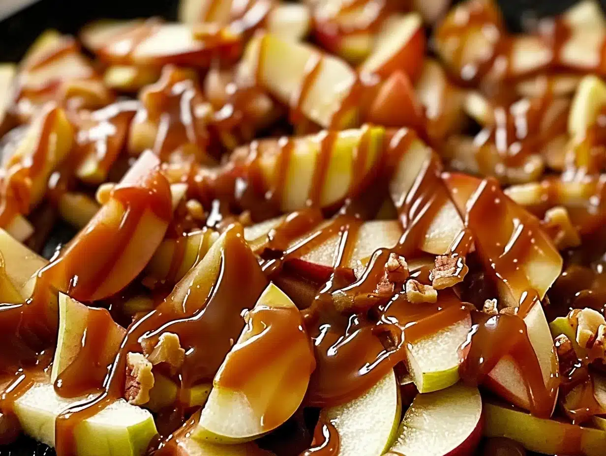 Delicious caramel apple nachos topped with caramel drizzle, chocolate chips, nuts, and cinnamon