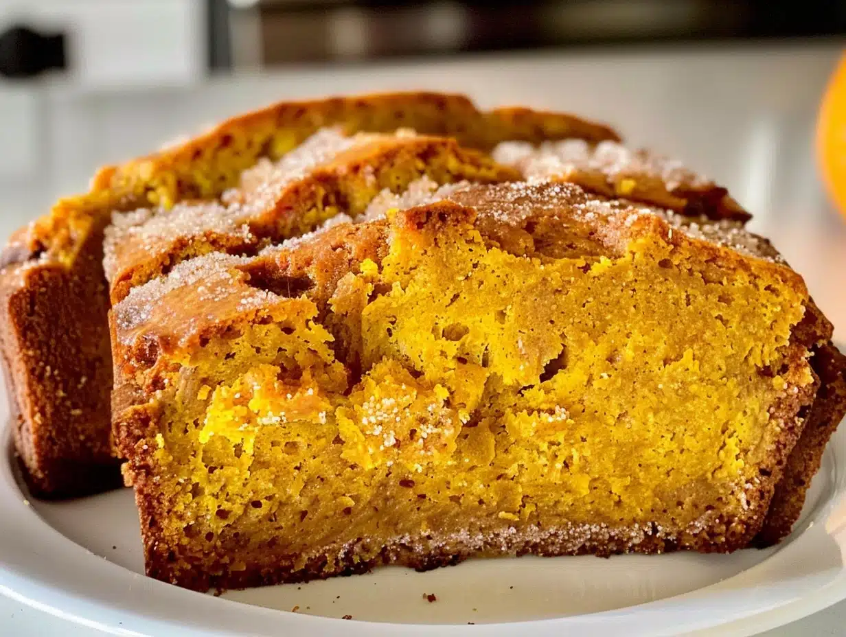 Close-up of moist pumpkin bread slices with warm spices on a white plate, showcasing soft texture and golden crust
