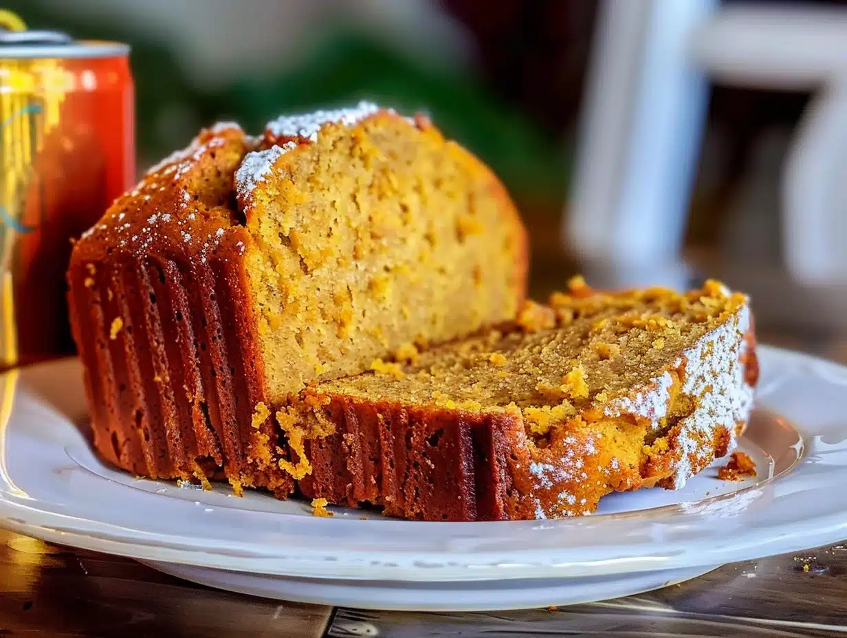 Moist sliced pumpkin bread made with canned pumpkin and warm spices on a white plate.
