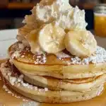 Stack of sweet coconut cream pancakes topped with banana slices and whipped cream drizzled with syrup