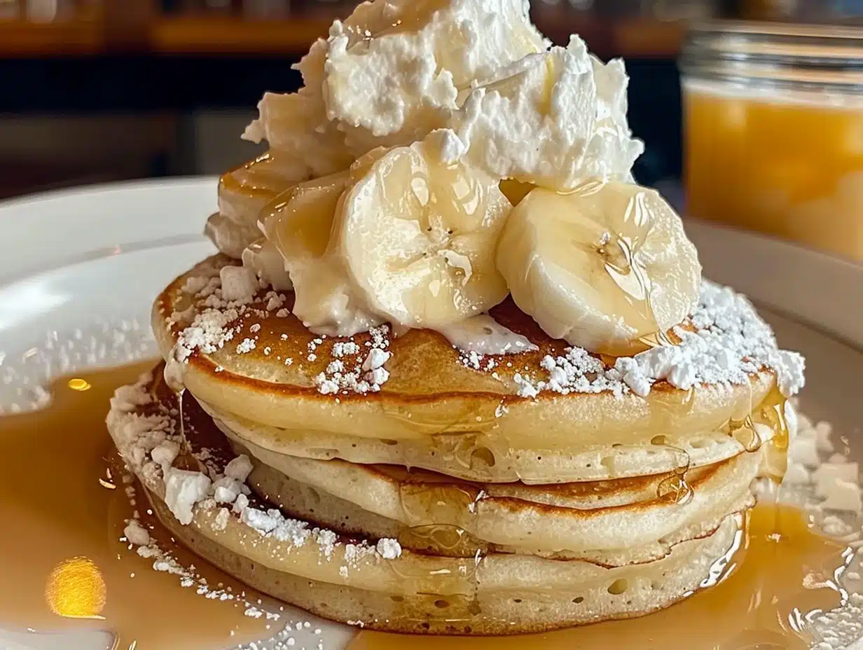Stack of sweet coconut cream pancakes topped with banana slices and whipped cream drizzled with syrup