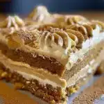 Close-up of a slice of pumpkin spice gooey cake topped with swirls of cream cheese frosting dusted with cinnamon