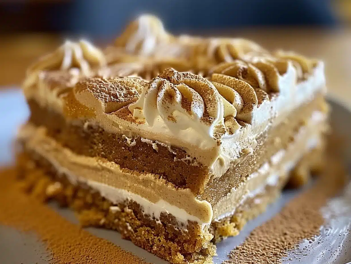 Close-up of a slice of pumpkin spice gooey cake topped with swirls of cream cheese frosting dusted with cinnamon