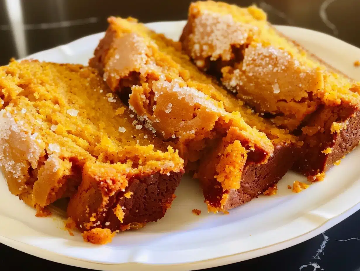 Slices of moist pumpkin bread made with creamy pumpkin pie filling on a white plate