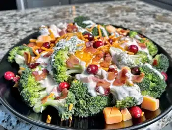 Broccoli Salad with creamy dressing, cheddar cheese cubes, bacon, sunflower seeds, and cranberries on a black plate.