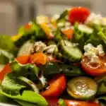 Close-up of vibrant Garden Fresh Mixed Salad with cherry tomatoes, cucumbers, bell pepper, red onion, and feta on baby greens with balsamic drizzle.